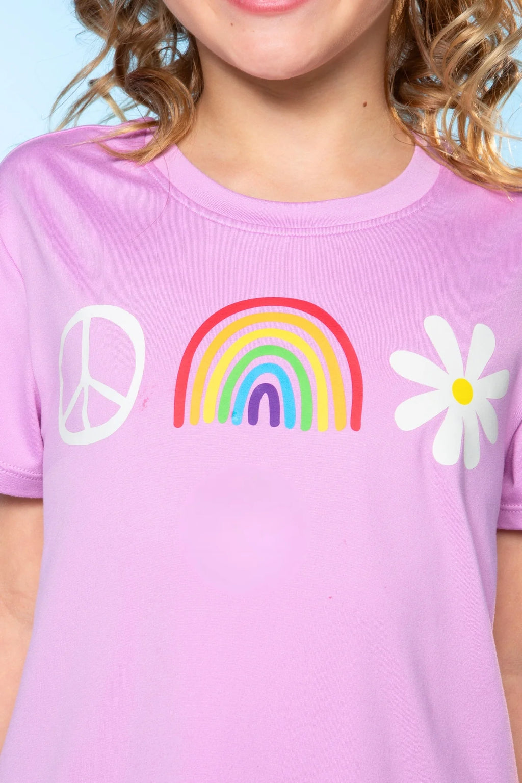 Pixielane Simply Soft Easy peace Rainbow Daisy Tee- Pink