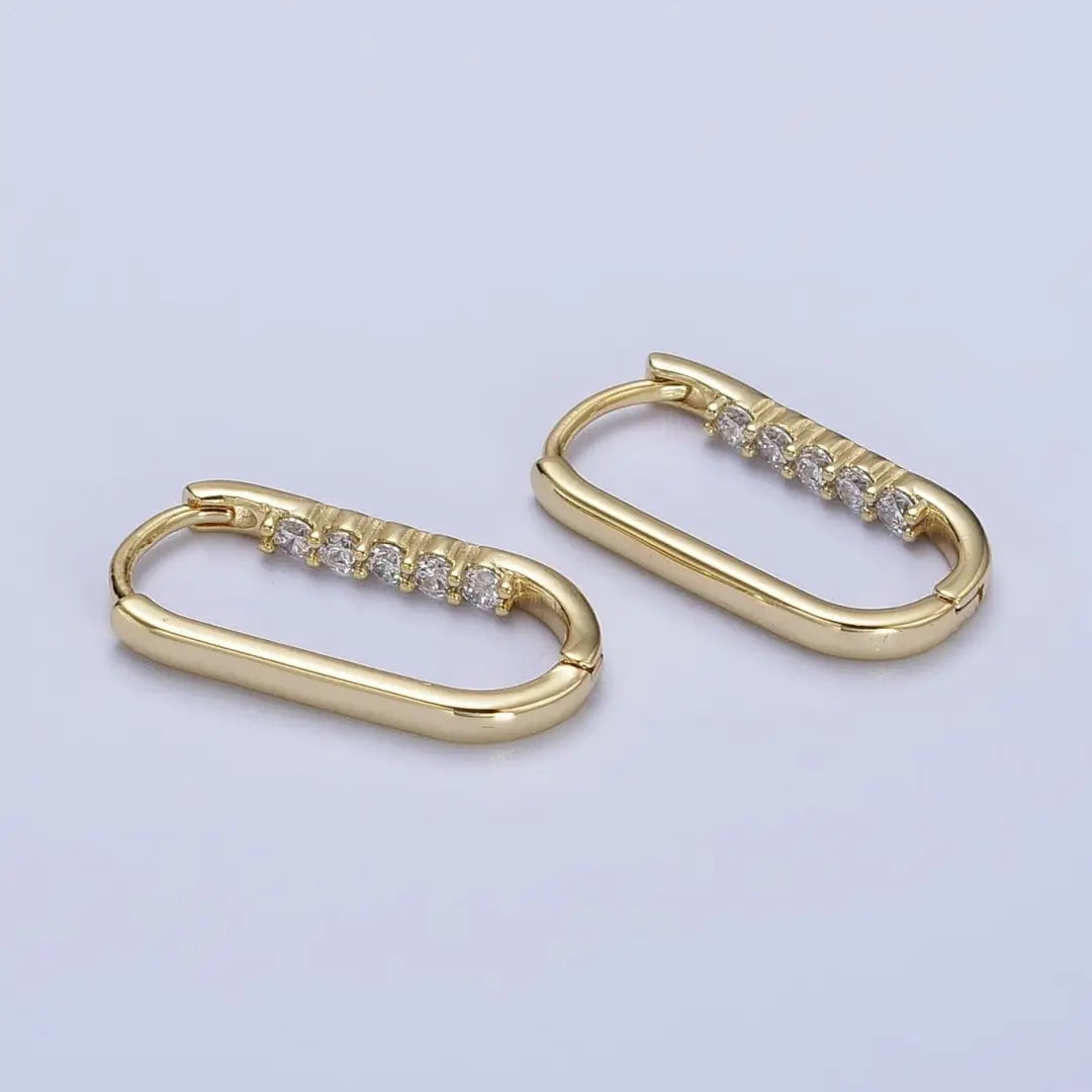 Cz Lined Oblong U-shaped Hoop Earrings