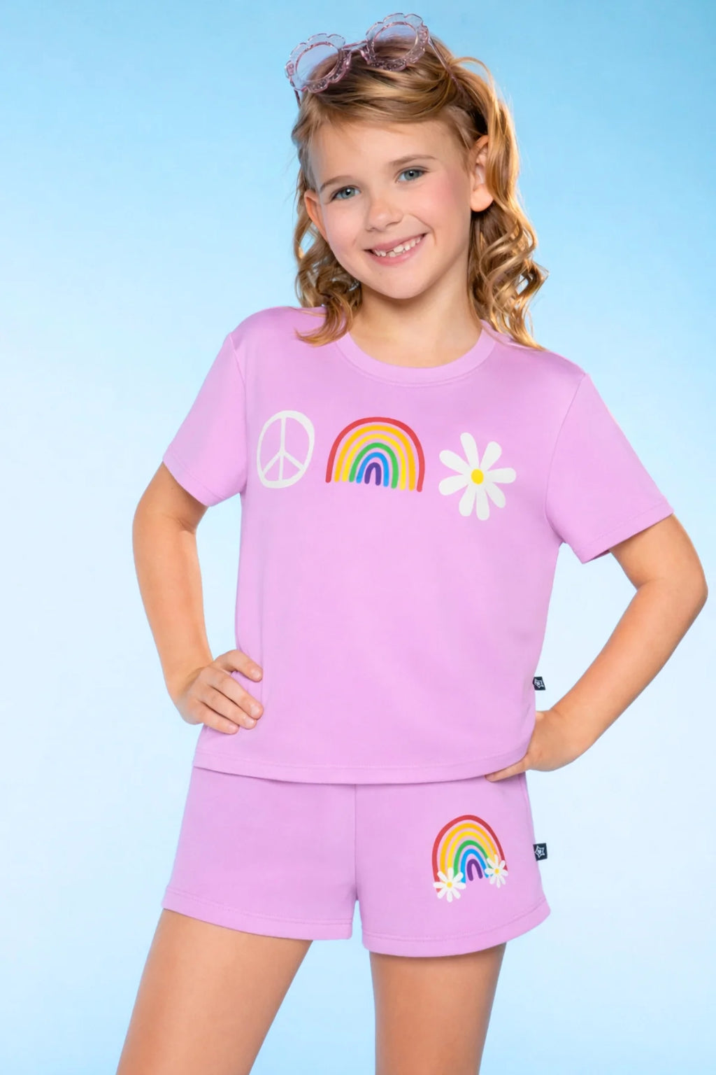 Pixielane Simply Soft Easy peace Rainbow Daisy Tee- Pink