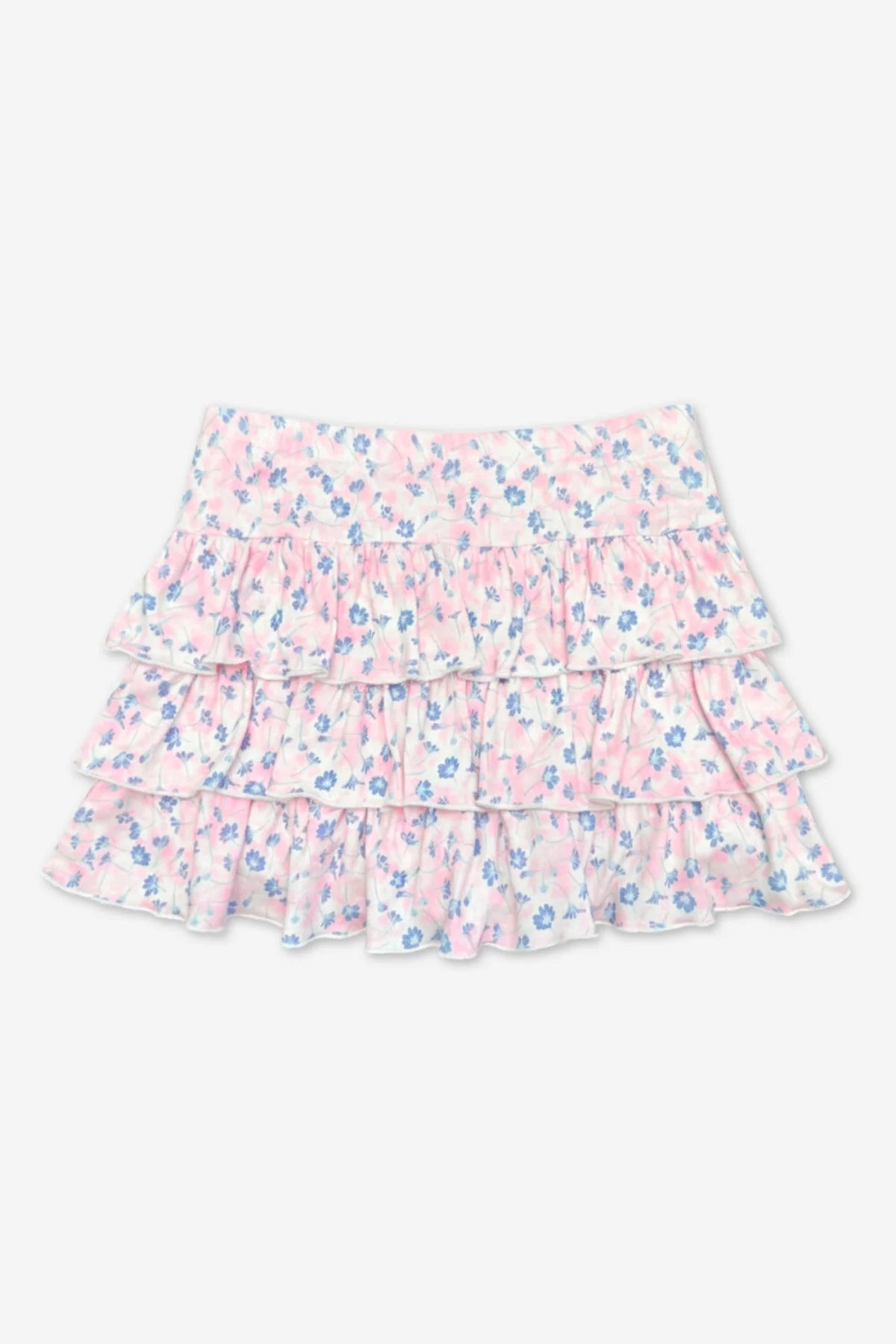 Pixielane Simply Soft Triple Ruffle Skort- Pink Tie Dye Denim Floral