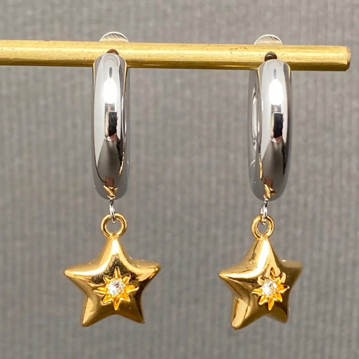 Cz Inlaid Star Two Tone Huggie Earrings
