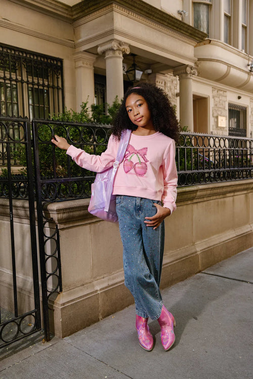 Lola + The Boys Crystal Cherry Bow Sweatshirt