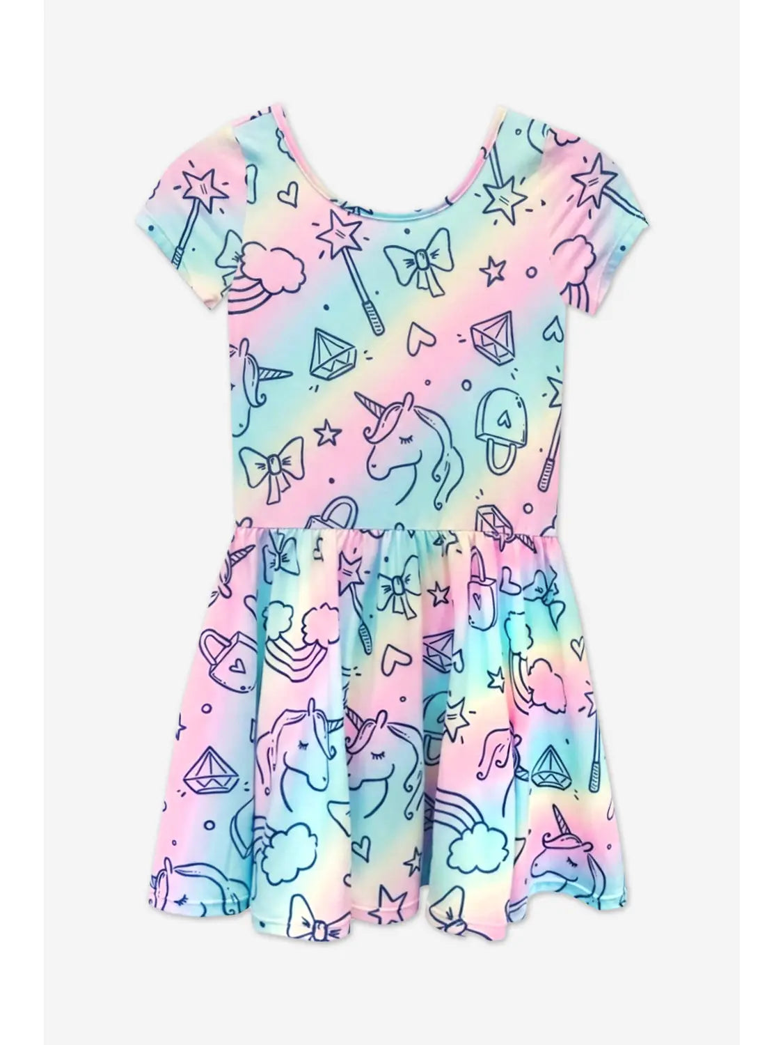Pixielane Simply Soft Short Sleeve Scoop Back Be Happy Pastel Raibow Unicorn Dress