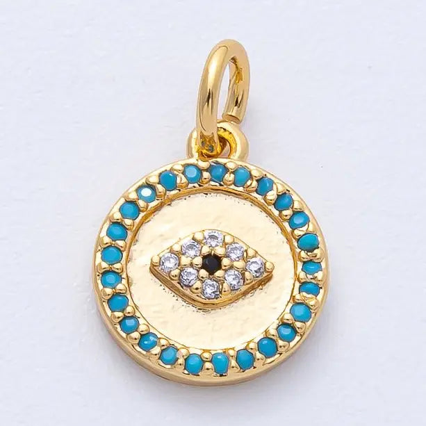 Mini Turquoise Cz Evil Eye Round Charm