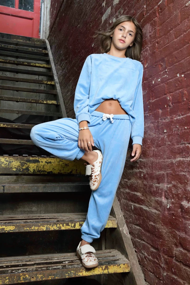 Katie J Jade Velour Crew Neck Top- Powder Blue