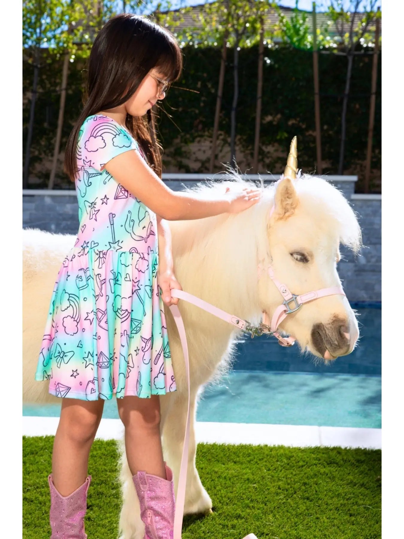 Pixielane Simply Soft Short Sleeve Scoop Back Be Happy Pastel Raibow Unicorn Dress