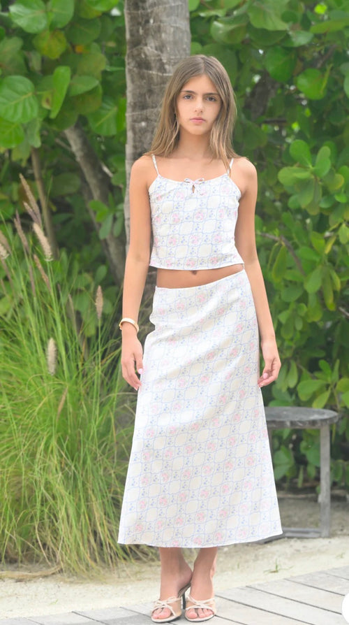 Katie J Anastasia Satin Maxi Skirt- Floral Bouquet
