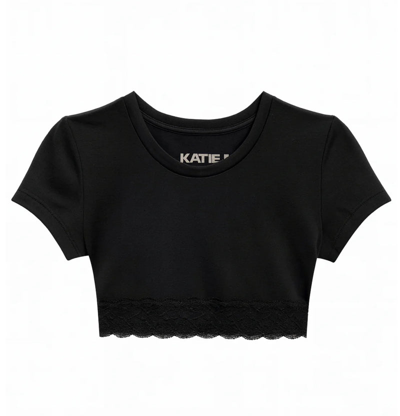 Katie J Lindsay Cropped Lace Tee -  Black