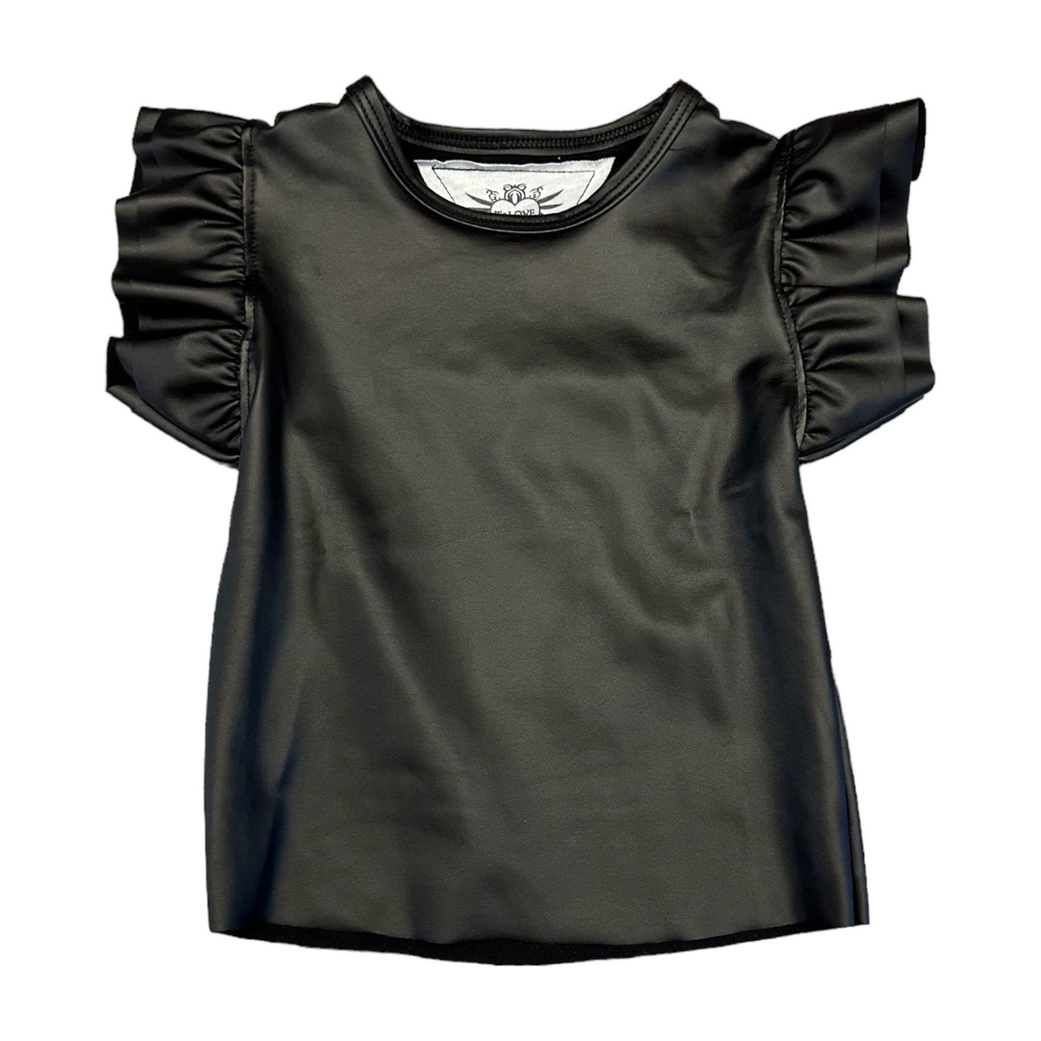 T2 Love Double Ruffle Short Sleeve Pleather Tee Black