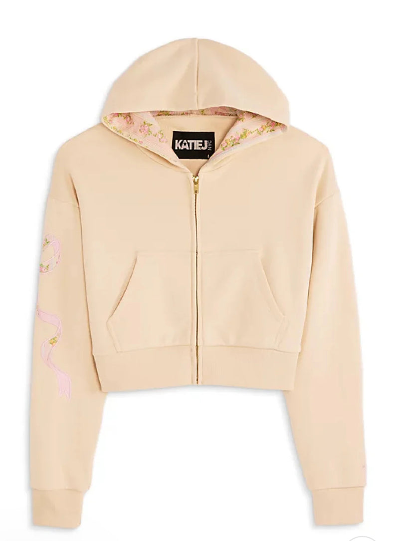 Katie J Dylan Tween Bow Zip Hoodie - Shabby Floral Taupe