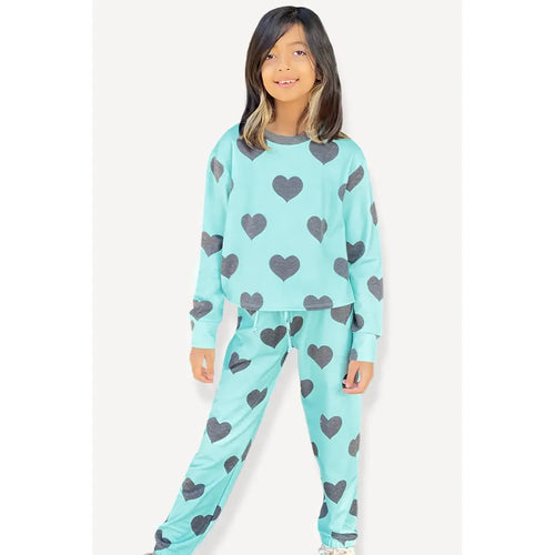 Pixielane French Terry Cozy Sweatpant - Ice Mint Charcoal Hearts