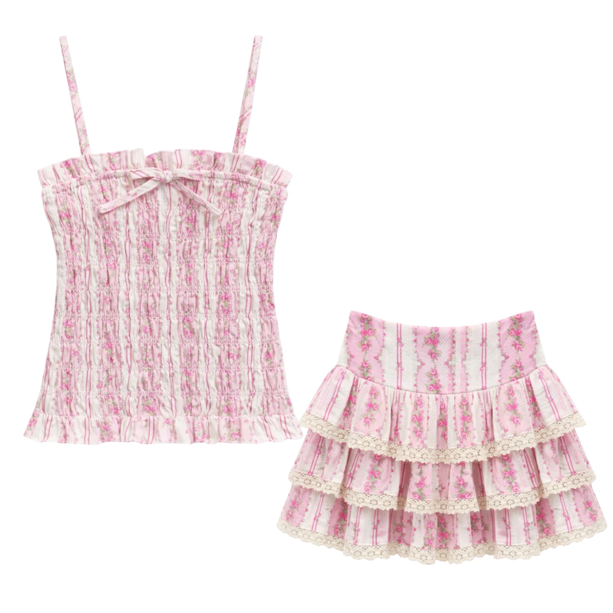 Katie J Melody And Alma Set- Baby Pink Cottage Stripe
