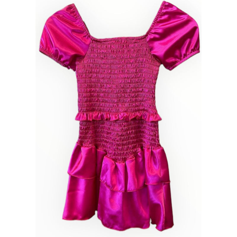 Cheryl Satin Smocked Dress- Hot Pink