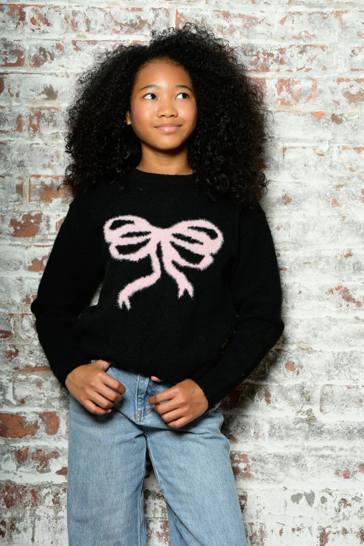 Katie J Tween Maggie Crew Sweater- Black with Pink Bow