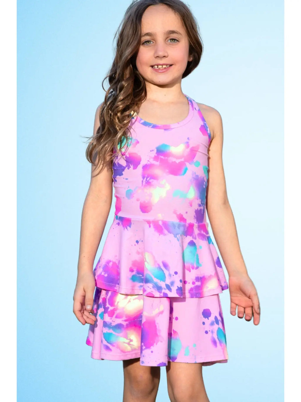 Pixielane Simply Soft Racerback Ruffle Skirt Pink Bleach Tie Dye Dress