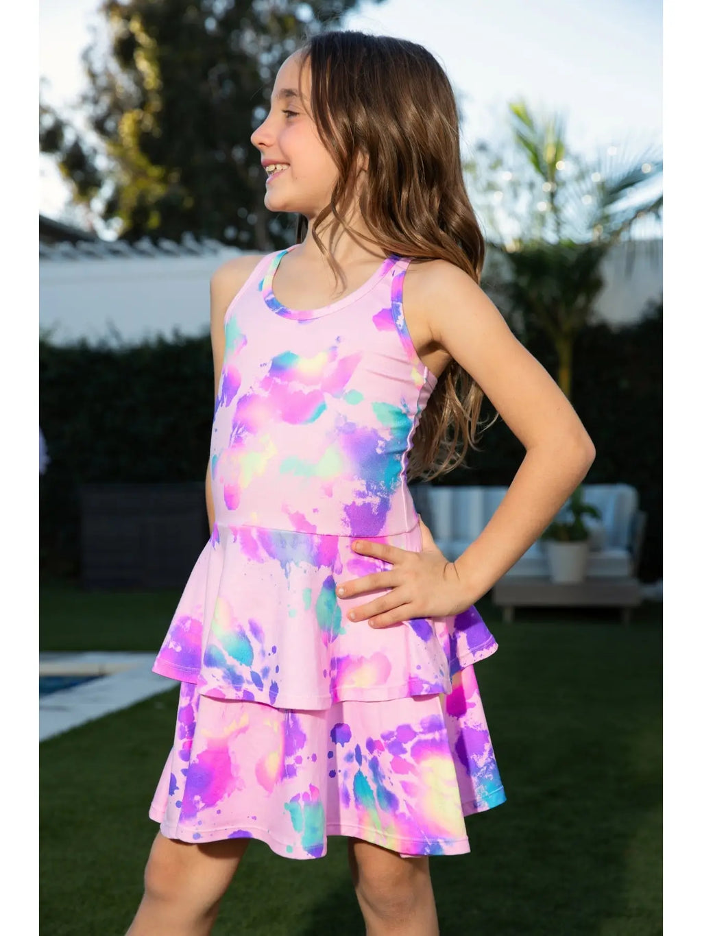 Pixielane Simply Soft Racerback Ruffle Skirt Pink Bleach Tie Dye Dress