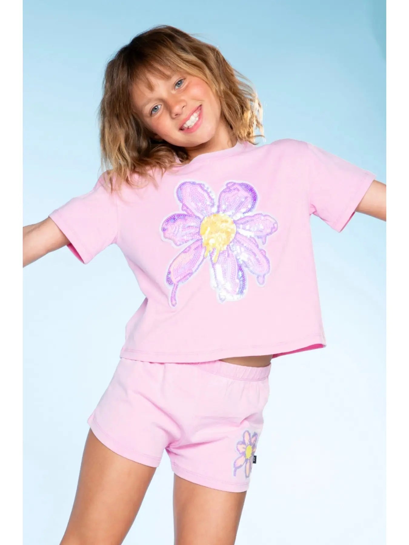 Pixielane Vintage Washed Cotton Easy Tee & Dolphin Short Set - Sequin Daisy