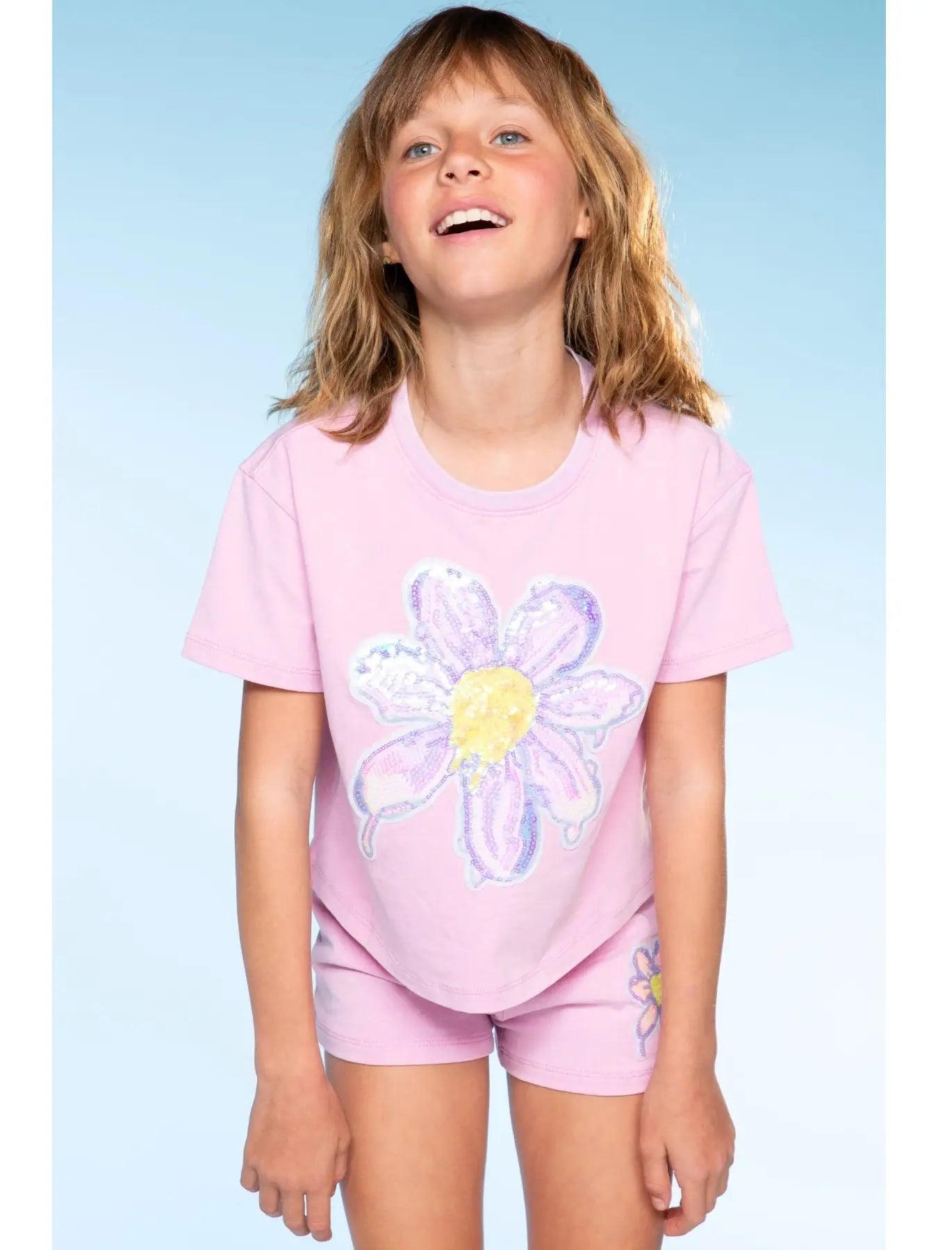 Pixielane Vintage Washed Cotton Easy Tee & Dolphin Short Set - Sequin Daisy