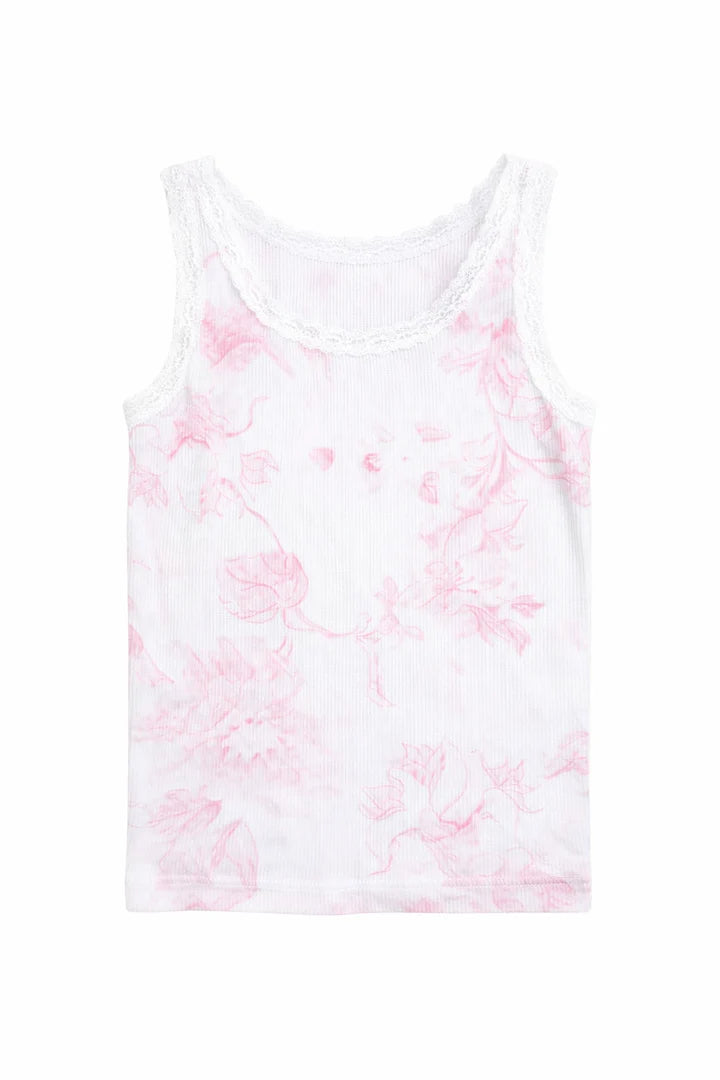 Katie J Wren Lace Trim Tank- Large Pink Toile
