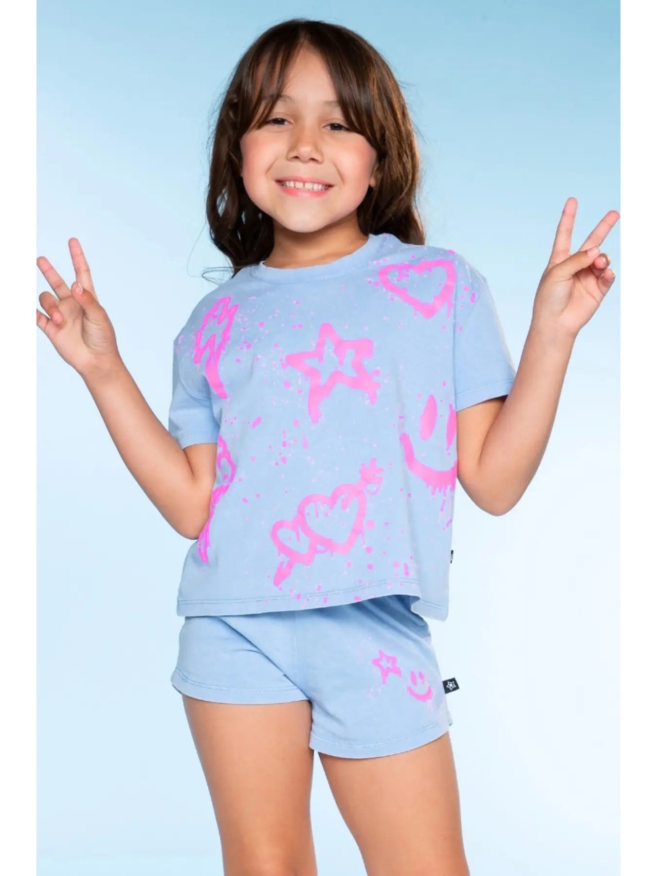 Pixielane Vintage Washed Cotton Easy Tee & Dolphin Short Set-Blue Icons