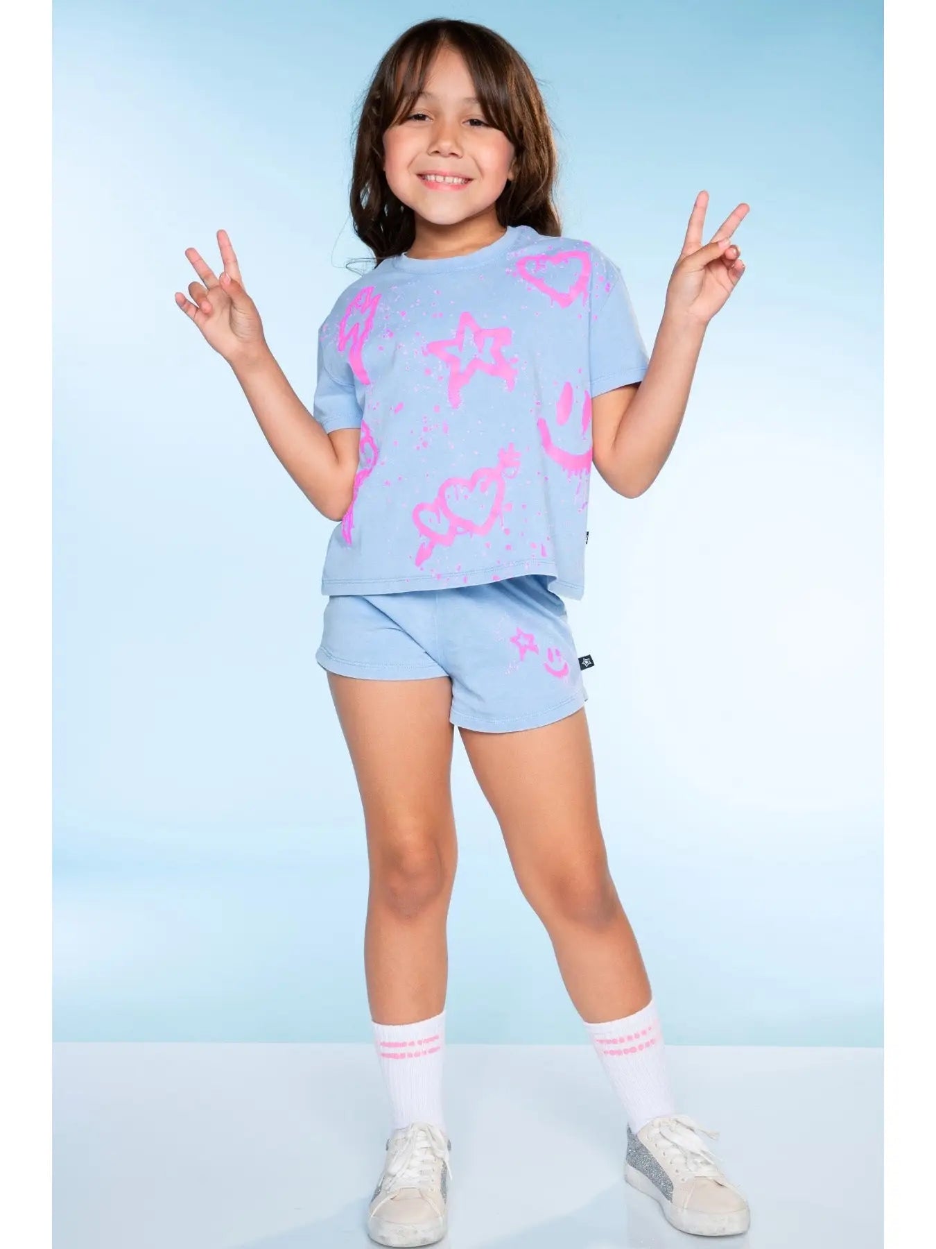Pixielane Vintage Washed Cotton Easy Tee & Dolphin Short Set-Blue Icons