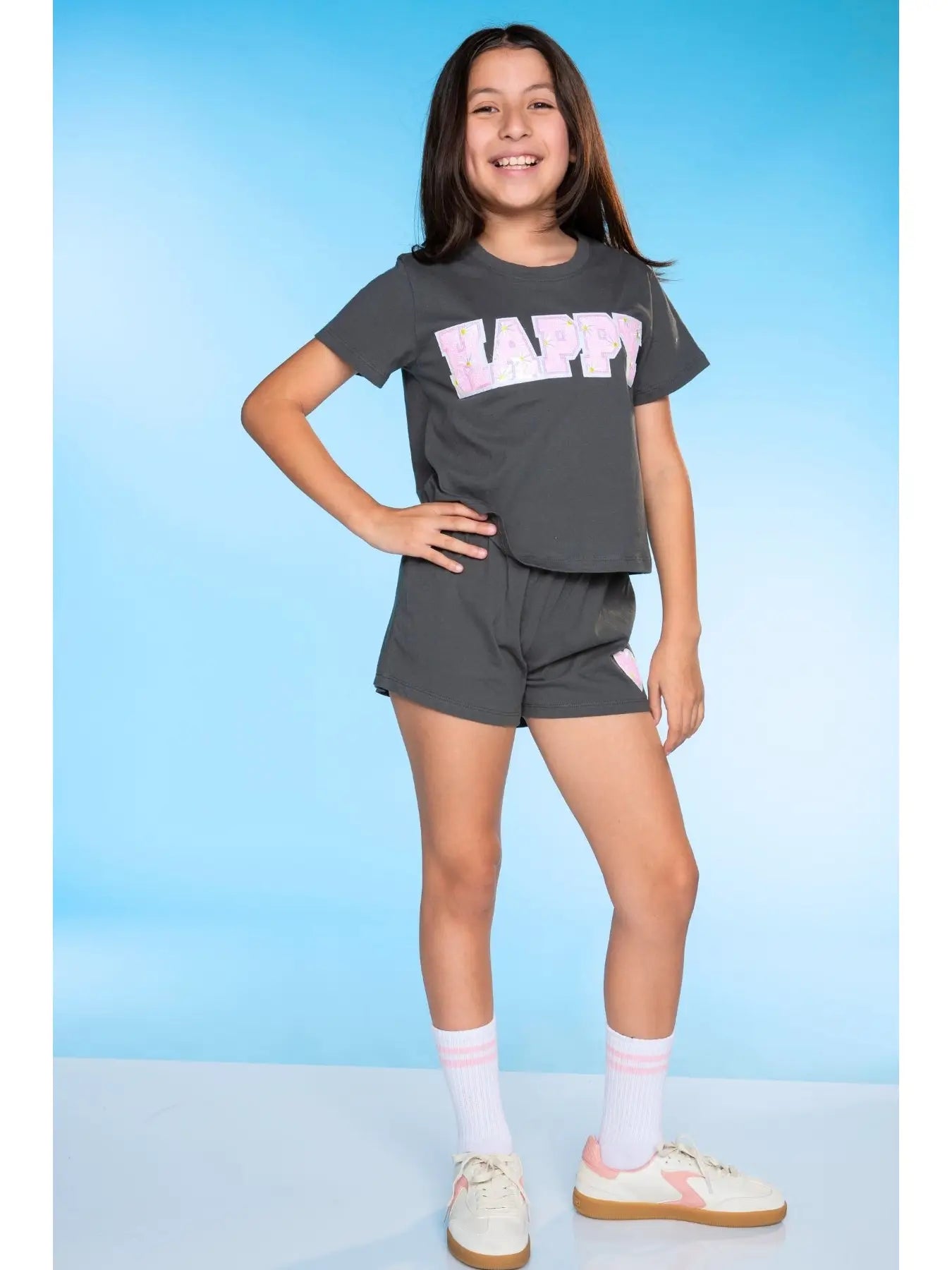 Pixielane Vintage Washed Cotton Easy Tee & Dolphin Short Set- Happy
