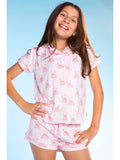 Pixielane Short Sleeve Simply Soft Button Down Top & Short Lounge Set-Pink Stripe Bear Bow