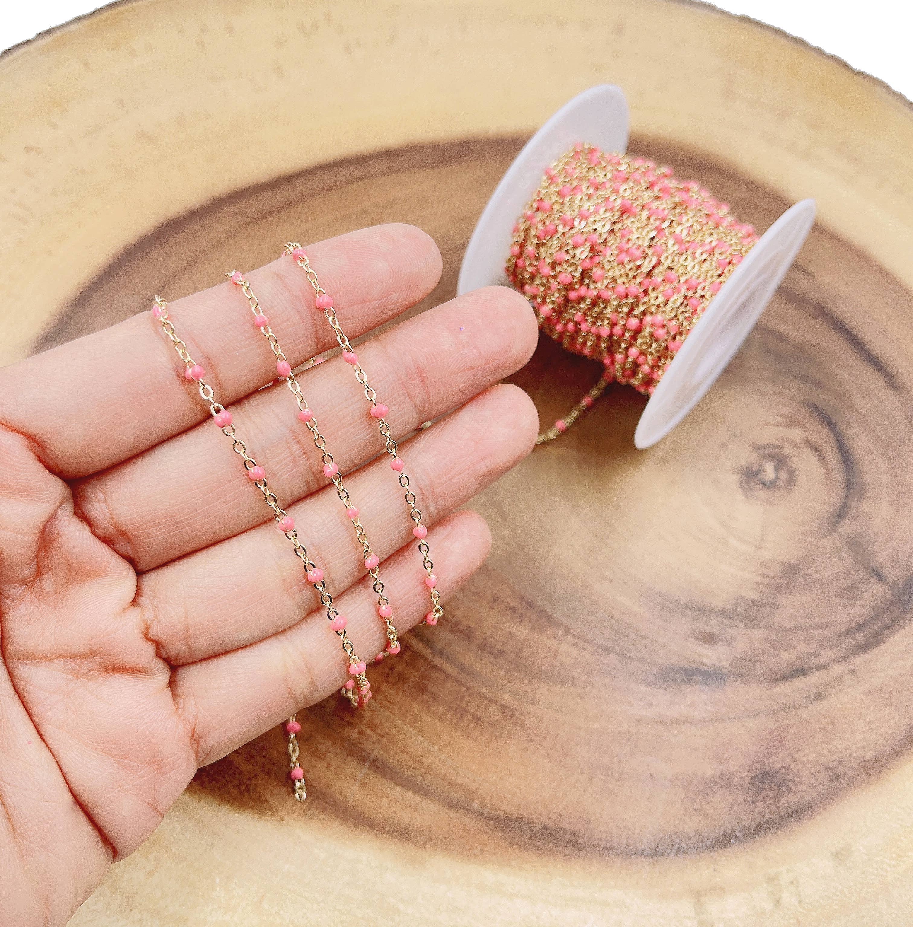 Pink enamel bead Cable Paperclip Chain
