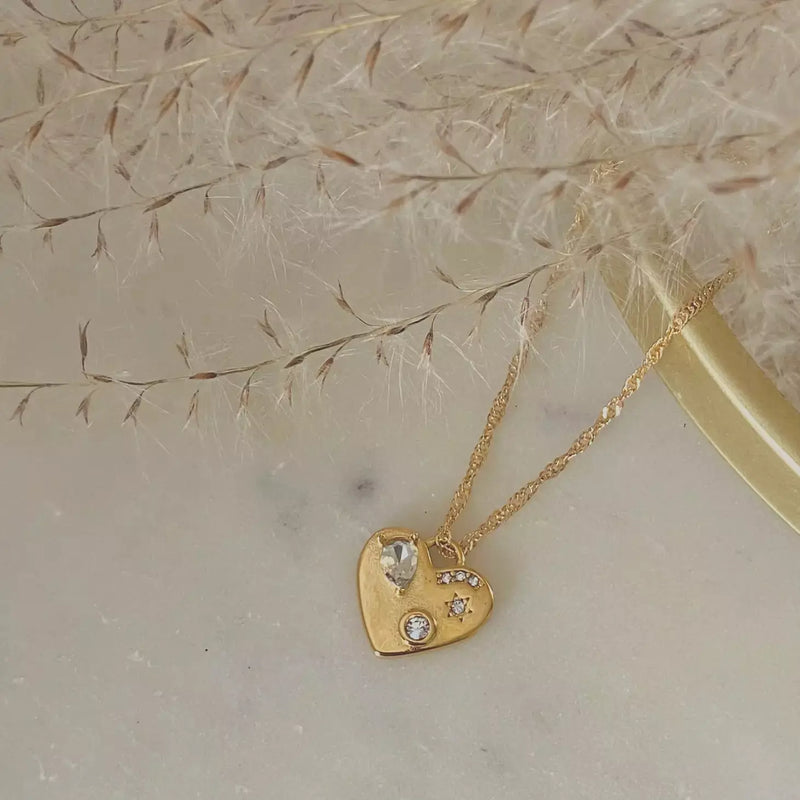 18k Gold Heart Pendant Charm with Glass Stones