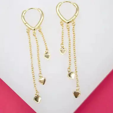 18K Gold Filled Long Dangle Heart Huggies Earrings