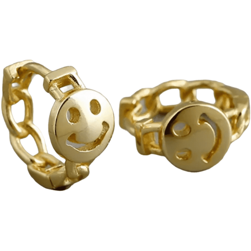 Chain Link With Smiley Face Gold Earrings-Pair