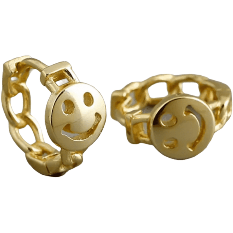 Chain Link With Smiley Face Gold Earrings-Pair