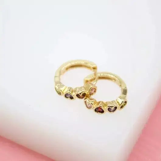 18K Gold Filled Huggies Earrings Heart Shaped Stones