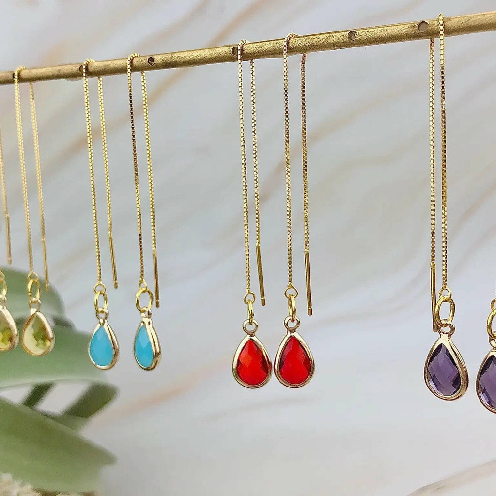 Teardrop Threader Earrings - Crystal Gemstone Earrings