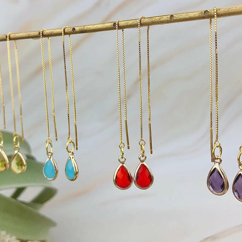 Teardrop Threader Earrings - Crystal Gemstone Earrings