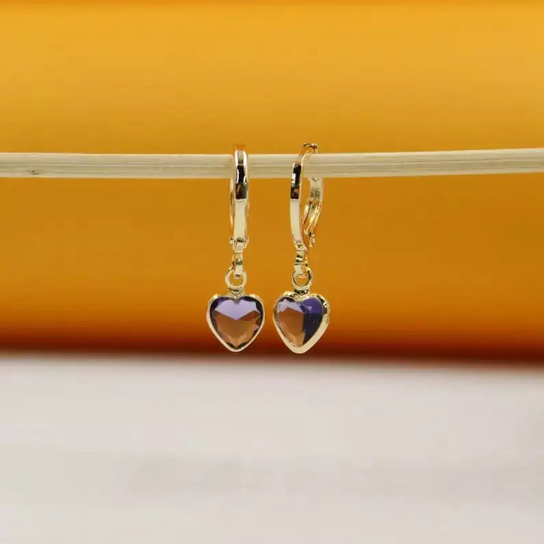 18K Gold Filled Heart Cut Zirconia Dangle Earrings - Purple
