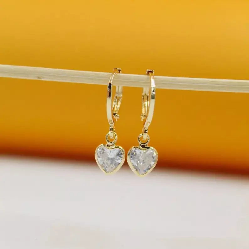 18K Gold Filled Heart Cut Zirconia Dangle Earrings - Clear